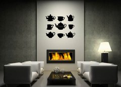 Samolepka na ze   Set isolated black silhouette kettles, teapots, cups, 120 x 100 cm
