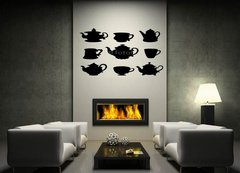Samolepka na ze   Set isolated black silhouette kettles, teapots, cups, 170 x 100 cm